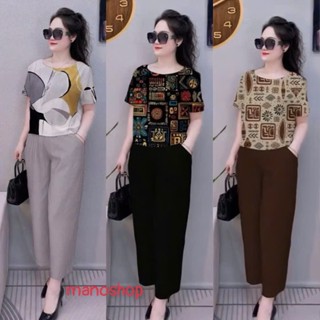 Bộ Đồ Nữ Trung Niên Cao Cấp – Áo Lụa Hàn Tay Ngắn + Quần Đũi Tơ Xước Ống Đứng – EC