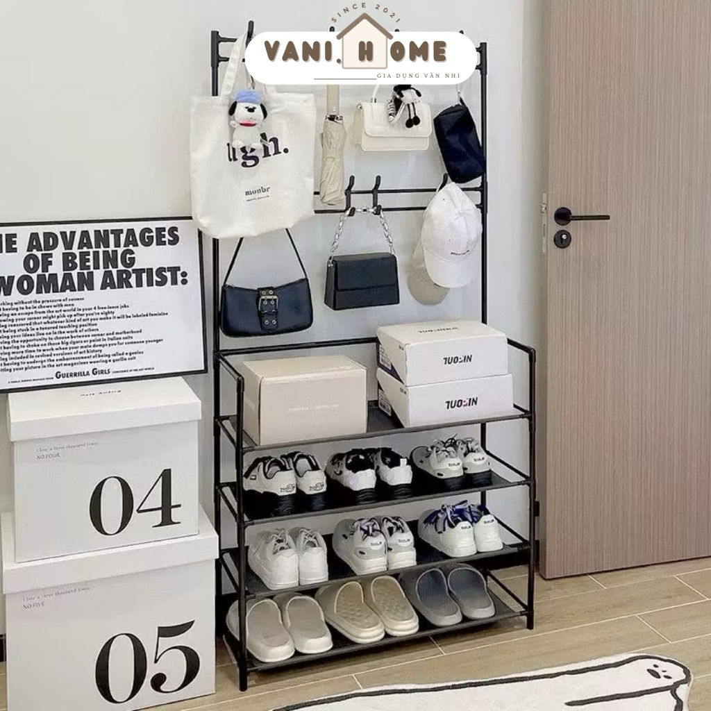 Kệ để giày dép đa năng chữ h có móc treo đồ quần áo, túi xách, nón decor nhà cửa - Giá để giày dép 4 tầng style Hàn Quốc