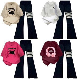 [Set loe] Áo phông đủ màu mẫu mới form rộng+Quần dài ống loe chất umi hàn hack dáng 4 vạch