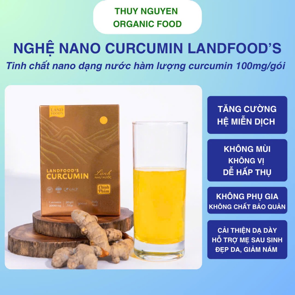Nước Nghệ Nano Curcumin LANDFOOD'S - Hộp 20 Gói - Dùng Được Cho Mẹ Sau Sinh, Không Mùi, Không Vị