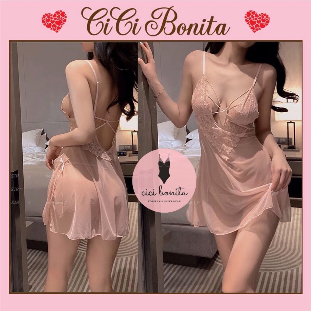 {CICI BONITA} Đầm ngủ đính cúc / Váy ngủ ren cao cấp màu hồng đen (tặng kèm chip xinh) CV31-1