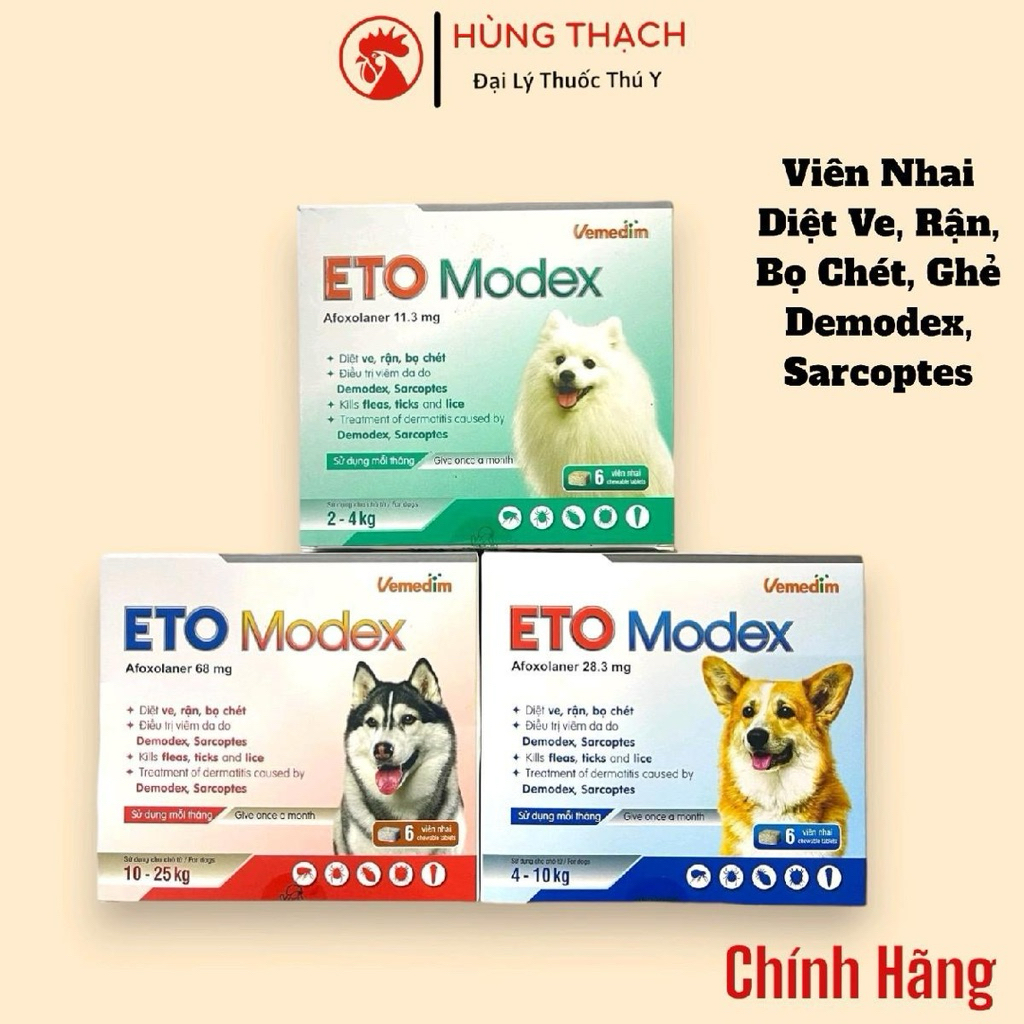 ETO MODEX viên ăn nhai diệt ve, rận, bọ chét, ghẻ, Demodex, viêm da cho chó