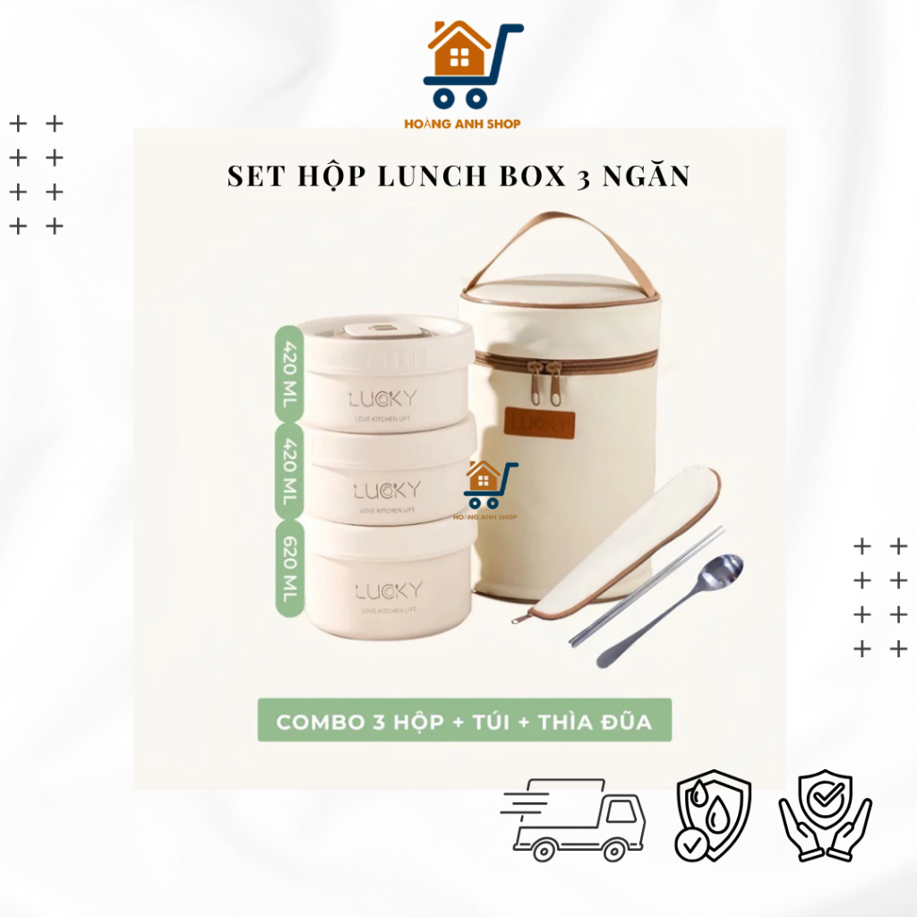 Set Hộp Cơm Giữ Nhiệt Lunch Box Inox 3 Tầng – Có Túi + Đũa Thìa, Chống Tràn, Văn Phòng