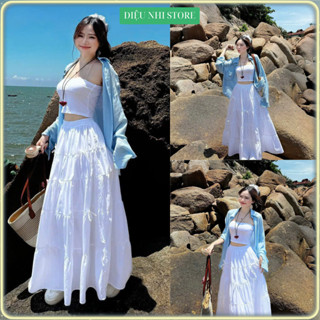 Set 3 Món Áo Khoác Ngoài Xanh Đính Nơ Trước Túi Áo Kết Hợp Áo 2 Dây Đi Chơi Đi Biển Tôn Body Đẹp