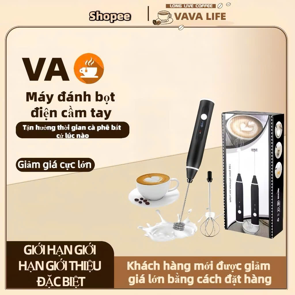 Máy Tạo Bọt Cafe, Máy Đánh Trứng Mini Cầm Tay Sạc Pin 3 Cấp Độ Tặng Kèm 2 Đầu Đánh Chuyên Dụng