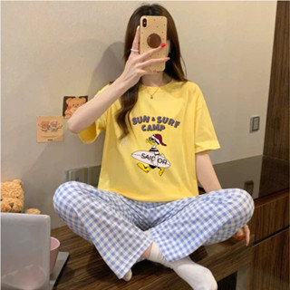 Sét nữ mặc nhà quần dài Caro ống suông mix áo thun in hình form rộng menina_studio, sét dài nữ cotton siêu xinh