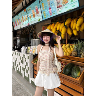 AISHAWU - Flowery Top Áo Tube Hoạ Tiết Hoa Nhí Thêu Dập Nổi Phong Cách Mùa Hè