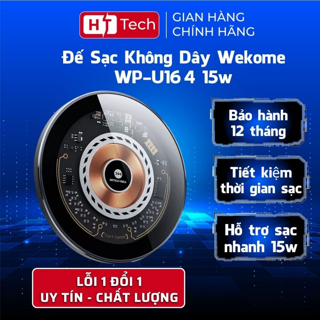 HT Tech Store Đế Sạc Không Dây Wekome WP-U164 15w, Thiết Kế Sang Trọng Bền Đẹp Tiện Lợi Có Nam Châm