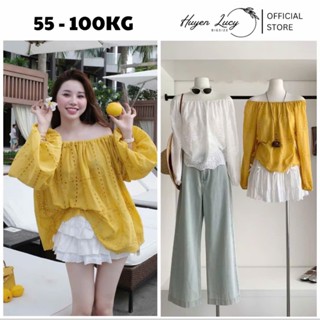 ÁO nữ bigsize THÔ BOI rập hoa TRỄ VAI form rộng mix quần đi du lịch đi biển hot trend Huyền Lucy Bigsize