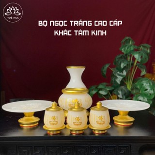 Bộ Đồ Ngọc Trắng Tâm Kinh, Bình Hoa , Lư Nhang , Đĩa, Chung , Đèn Dầu - Tuệ Nga