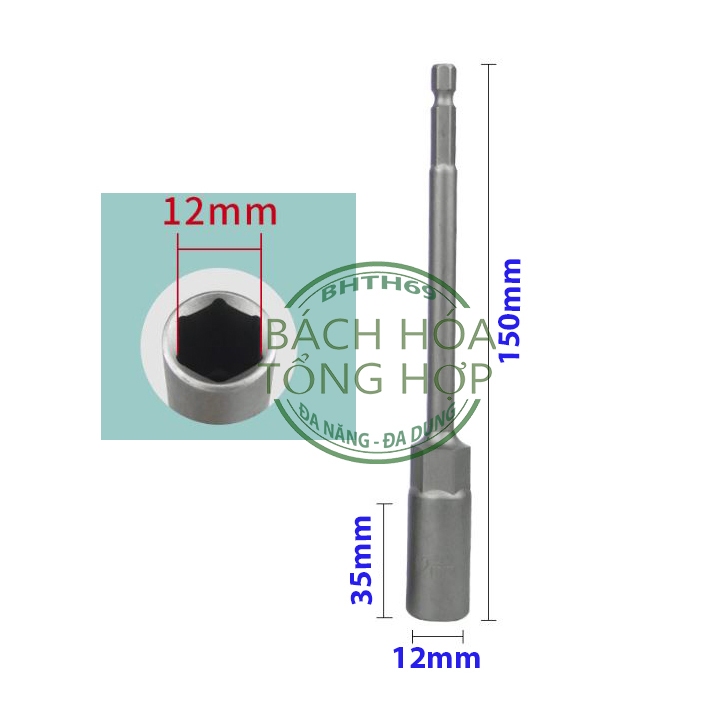 Đầu tuýp, chụp Bulong sâu lòng 12mm dài 150mm cho máy khoan, bắn vít