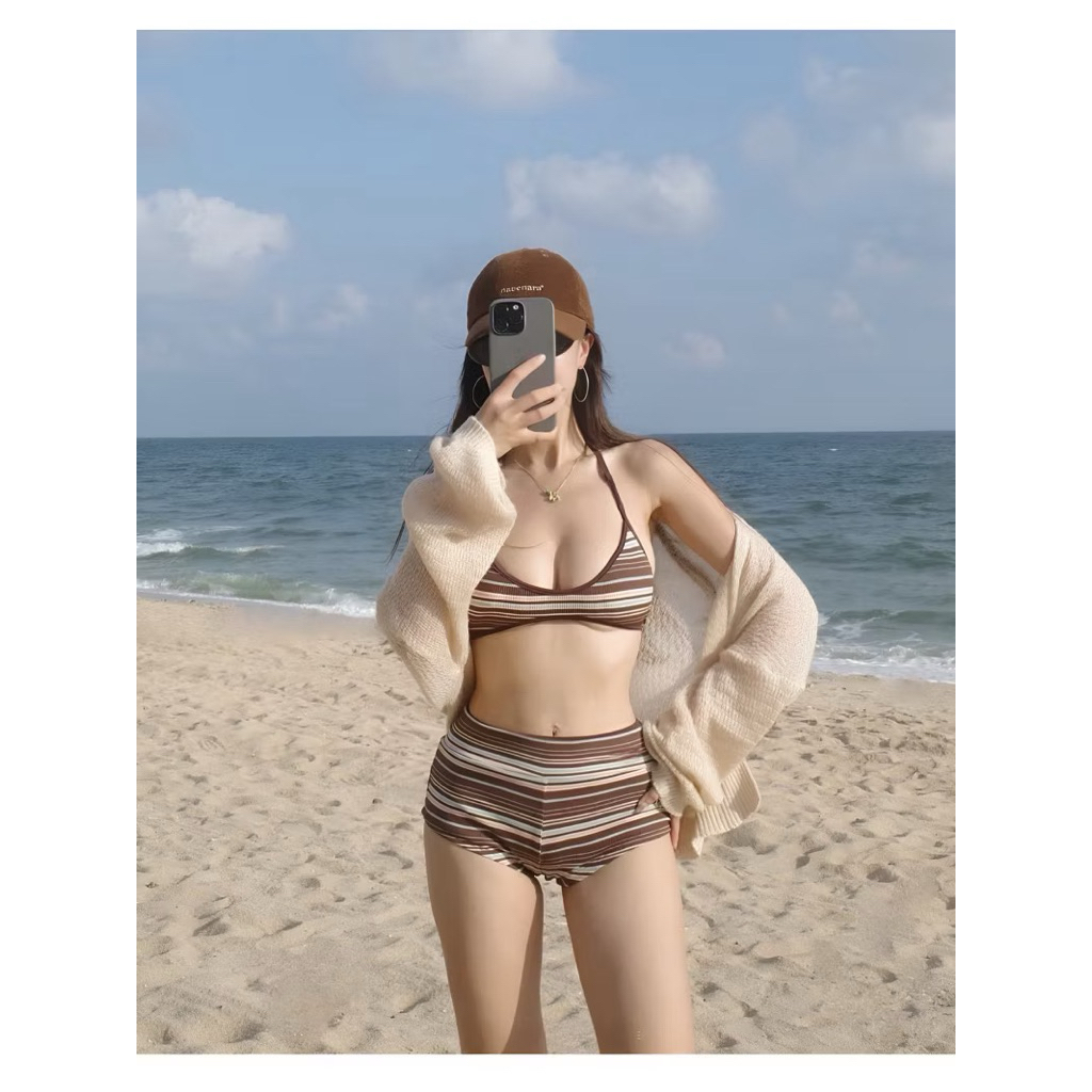 Set bikini 2 chi tiết, áo ngực 2 dây mix quần chất liệu len tăm màu nâu tây- Lisastore | BigBuy360 - bigbuy360.vn