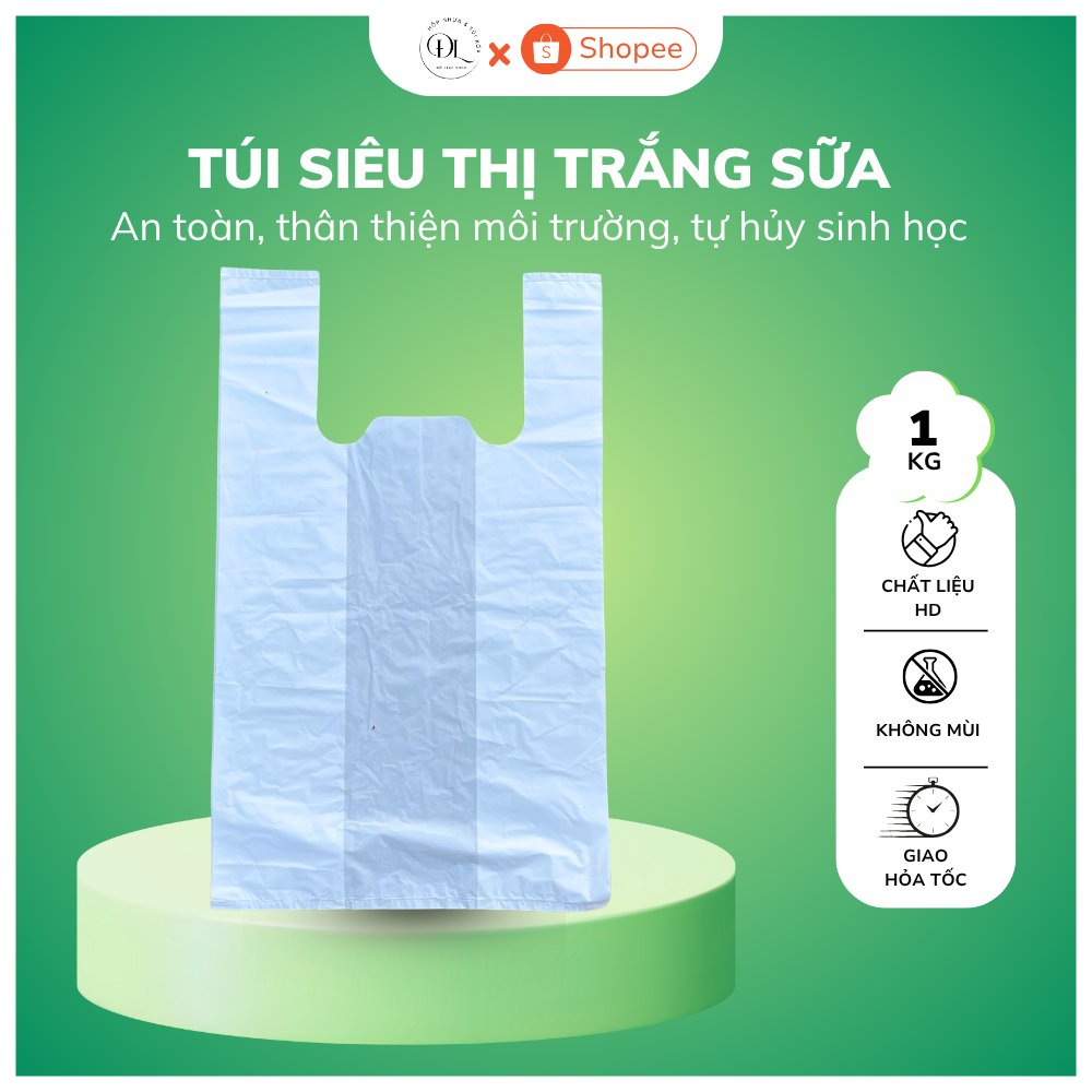 (1KG) Túi Siêu Thị 2 quai trắng sữa tự huỷ sinh học