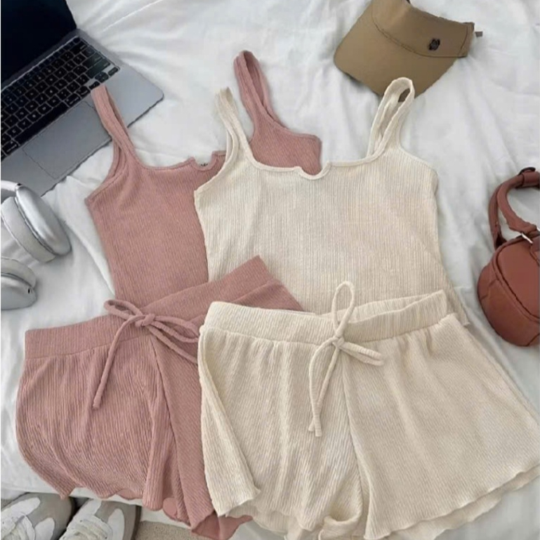 Set ngủ, bộ mặc nhà chất thun tăm áo 2 dây phối quần đùi, đồ bộ ngủ thun hai dây sexy CARY