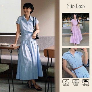 Váy Sơ Mi Sọc Dáng Dài Nữ, Tùng Xếp Ly, Thắt Chất Thô Cotton - Miolady