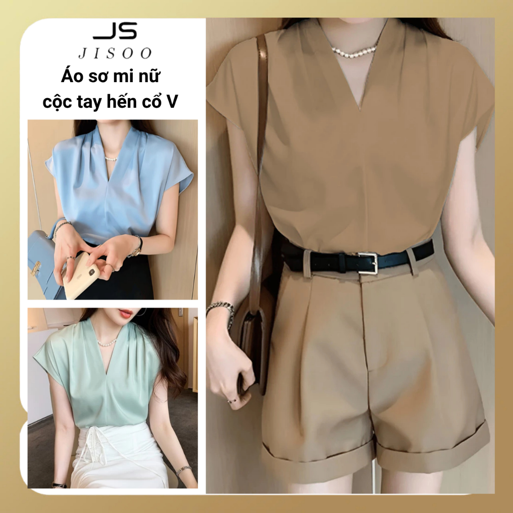 Áo sơ mi ngắn tay hến cổ V JISOO FASHIONS dáng rộng phong cách công sở chất lụa cao cấp mềm mịn ASM5 | BigBuy360 - bigbuy360.vn