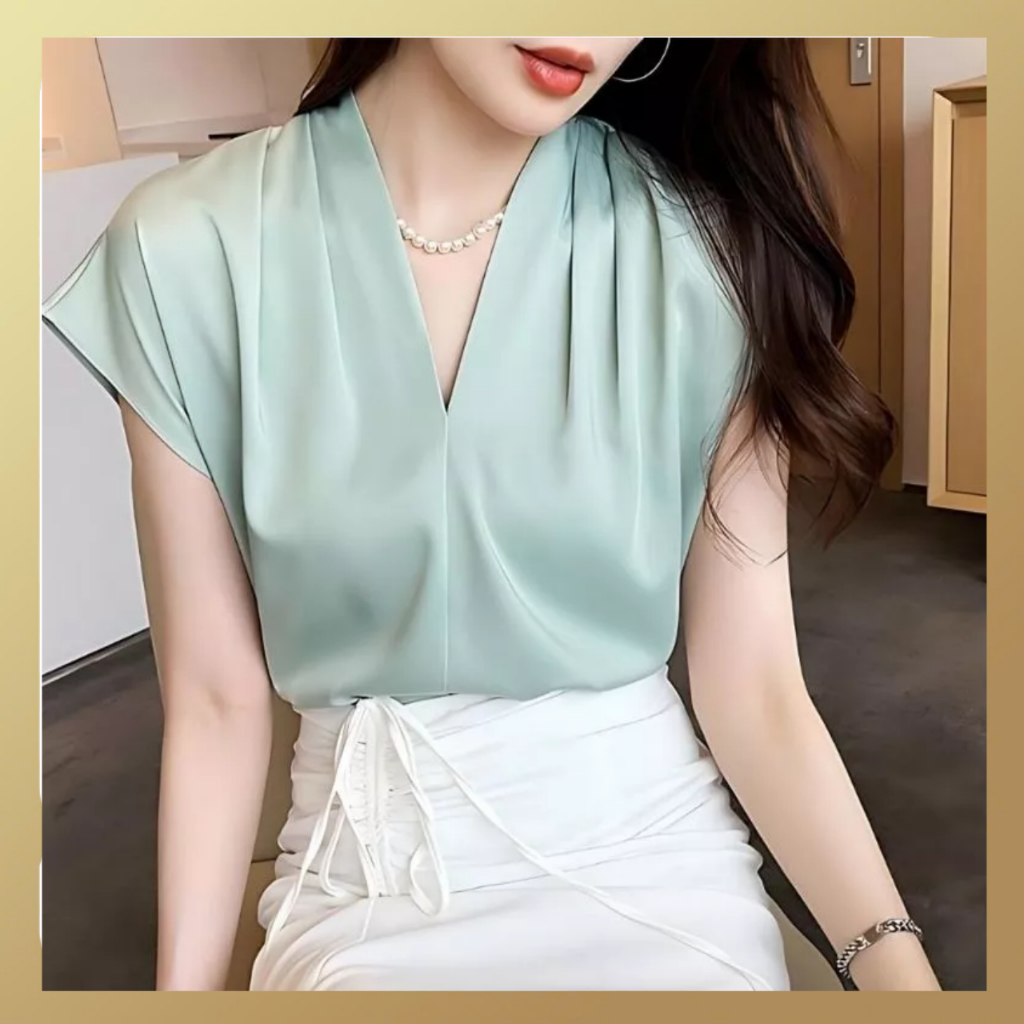 Áo sơ mi ngắn tay hến cổ V JISOO FASHIONS dáng rộng phong cách công sở chất lụa cao cấp mềm mịn ASM5 | BigBuy360 - bigbuy360.vn