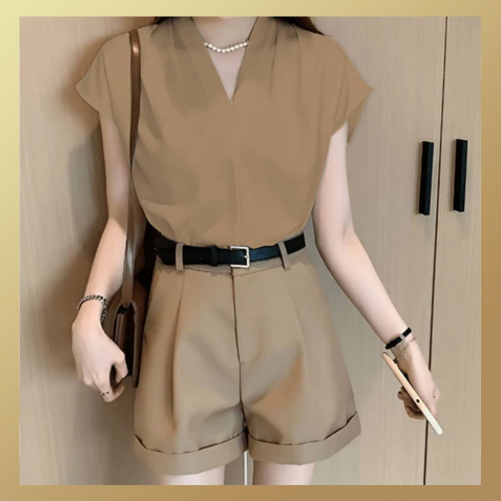 Áo sơ mi ngắn tay hến cổ V JISOO FASHIONS dáng rộng phong cách công sở chất lụa cao cấp mềm mịn ASM5 | BigBuy360 - bigbuy360.vn