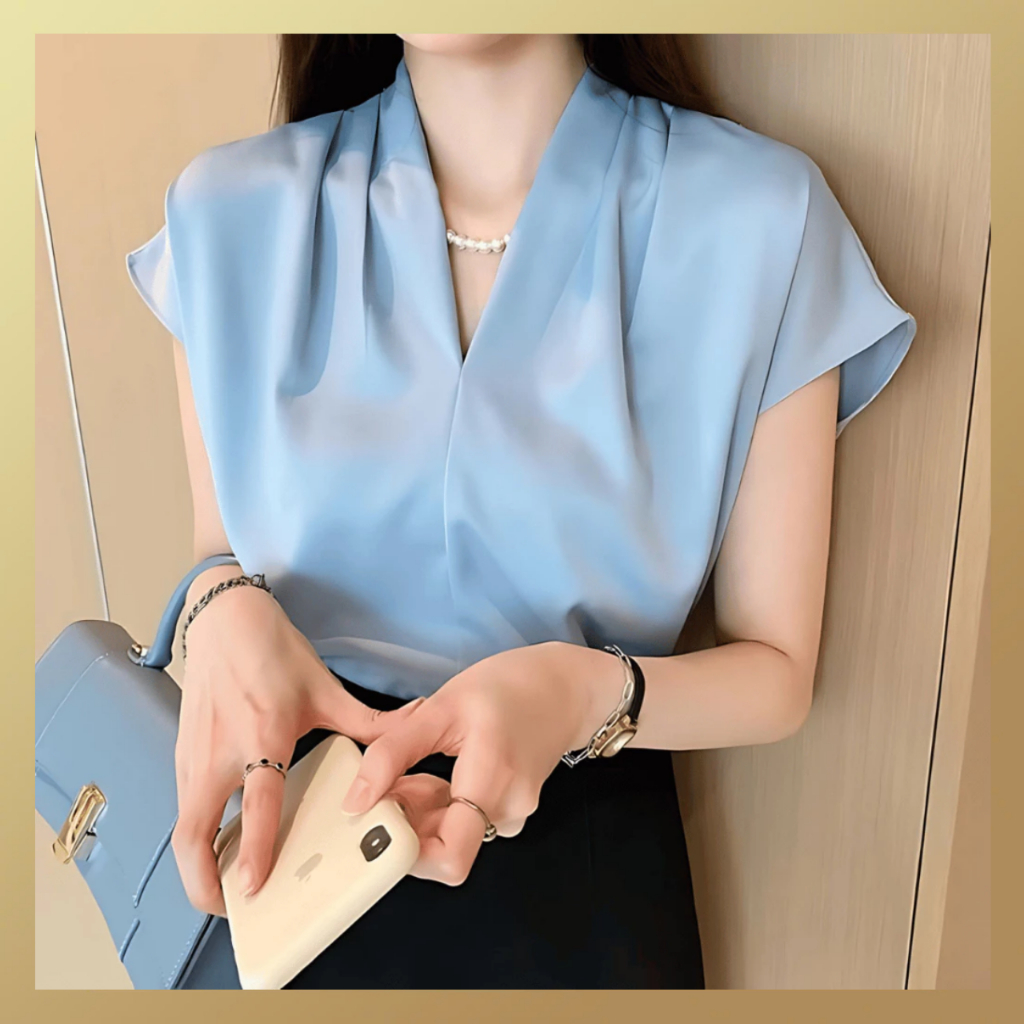 Áo sơ mi ngắn tay hến cổ V JISOO FASHIONS dáng rộng phong cách công sở chất lụa cao cấp mềm mịn ASM5 | BigBuy360 - bigbuy360.vn