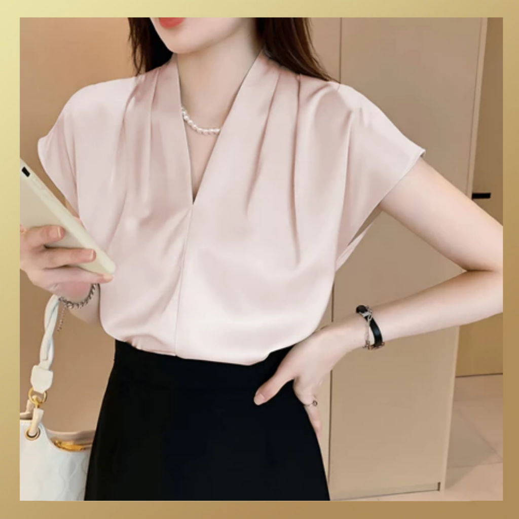Áo sơ mi ngắn tay hến cổ V JISOO FASHIONS dáng rộng phong cách công sở chất lụa cao cấp mềm mịn ASM5 | BigBuy360 - bigbuy360.vn