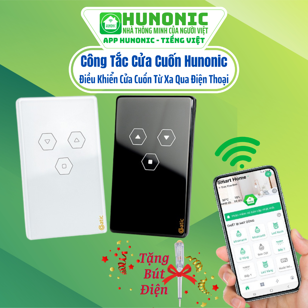 Công Tắc Cửa Cuốn Hunonic Smart Door, Công Tắc Thông Minh Kết Nối Wifi Và Bluetooth, Điều Khiển Mọi Loại Cửa Cuốn