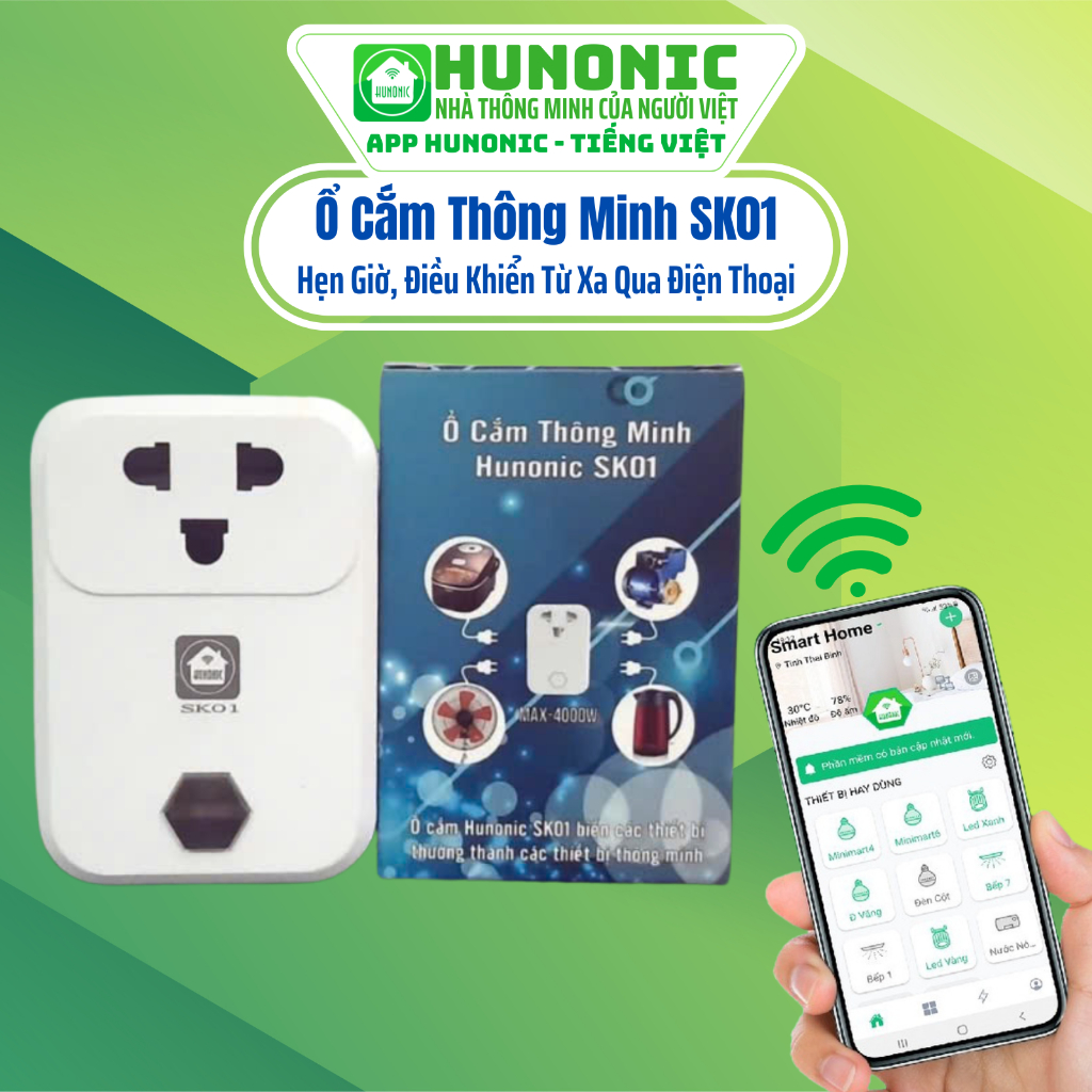 Ổ Cắm Hunonic SK01 4000W, Ổ Cắm Thông Minh Kết Nối Wifi, Hẹn Giờ Tự Động, Điều Khiển Mọi Thiết Bị Từ Xa Qua Điện Thoại