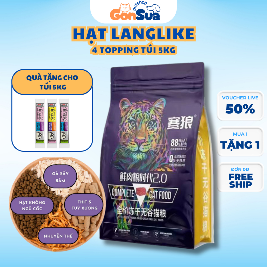 [Bao 5kg] Hạt Cho Mèo LANGLIKE Siêu Topping Đạm 40%, Hạt LANGLIKE Cho Mèo Không Độn Ngũ Cốc