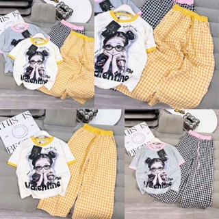 Sét bộ quần dài áo phông bé gái ( HỌA TIẾT CÔ BÉ ĐEO KÍNH BÚI TÓC ) mềm mịn size 9-45 kg M88