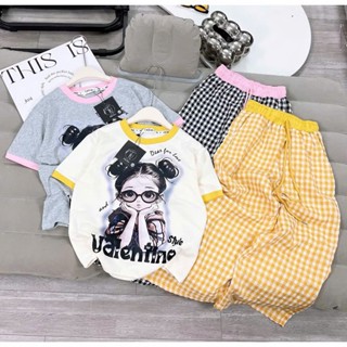 Sét bộ quần dài áo phông bé gái ( HỌA TIẾT CÔ BÉ ĐEO KÍNH BÚI TÓC ) mềm mịn size 9-45 kg M99