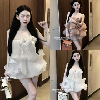 Đầm Tơ Xô Ánh Kim Hai Dây Đính Hoa Dáng Suông Ngắn Bồng Bềnh Mới Hot_Kieupham.shop