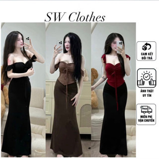 Sét 2 món áo trễ vai rút dây + chân váy đuôi cá dài 100cm tôn dáng thun lạnh