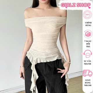  Áo Kiểu Nữ Trễ Vai Dáng Dài Phối Tua Rua Ôm Body Sexy Nữ Tính GIRLZ Áo Trễ Vai Nữ Chất Thun Lưới Có Lót Ngực Tôn Dáng 