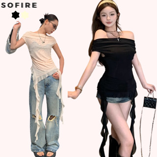  Áo Thun Lưới Trễ Vai Xuyên Thấu  có lót  Ôm Body SOFIRE Áo Kiểu Nữ Trễ Vai Dáng Dài Phối Tua Rua Cá Tính Mùa Hè 