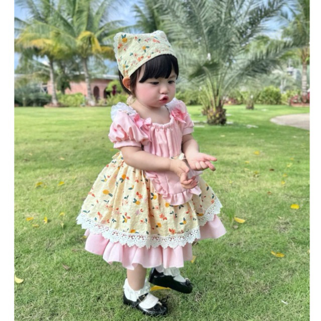 Váy Lolita Cô Hầu Gái Dễ Thương Cho Bé, Đầm Lolita Hồng Em Bé Chất Thô Boi Hạt Phối Thô Lụa Từ 3 - 1