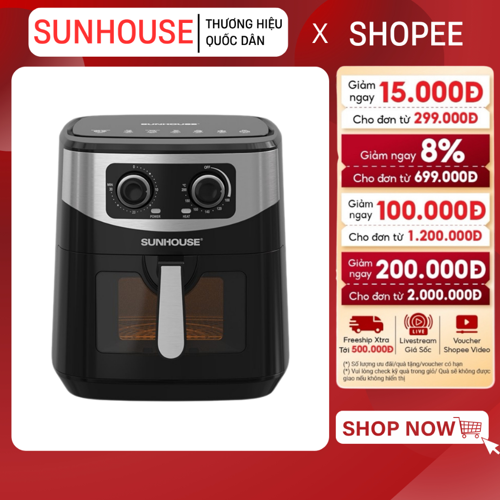 NỒI CHIÊN KHÔNG DẦU 10.5L SUNHOUSE SHD4038 - Cửa sổ khoang chiên trong suốt, Bảo hành 1 năm