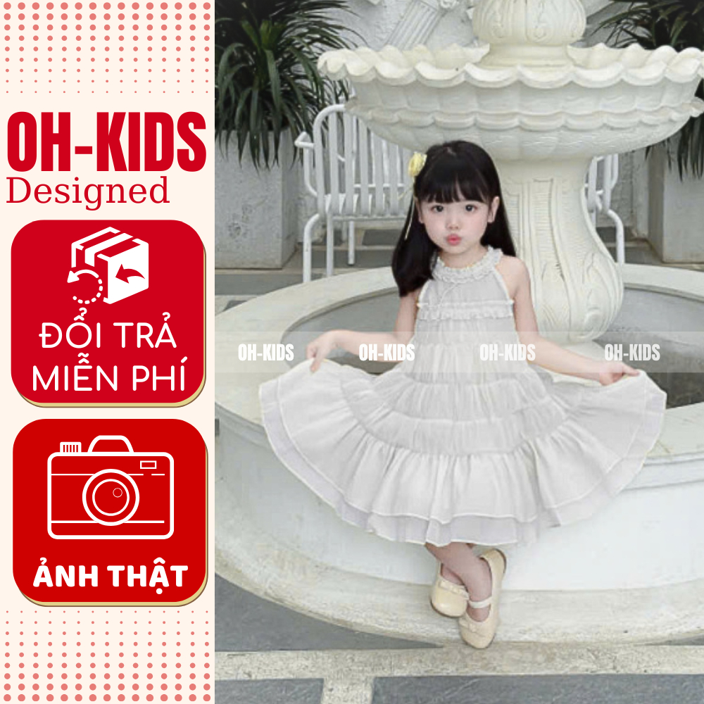 Váy Bé Gái Cổ Yếm Nhiều Tầng Đầm Công Chúa Voan Trắng Gắn Nơ Dễ Thương- OH KIDS OH08