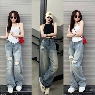 Quần bò jean ống rộng suông nữ rách xuông jeans cạp cao phong cách Hàn Quốc sành điệu style WQJ034