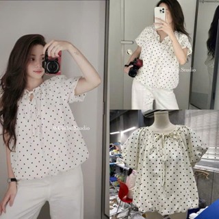 Áo Sơ Mi Chấm Bi Tay Bồng Cột Nơ  Form Bí KELLY TOP siêu xinh Mã 521