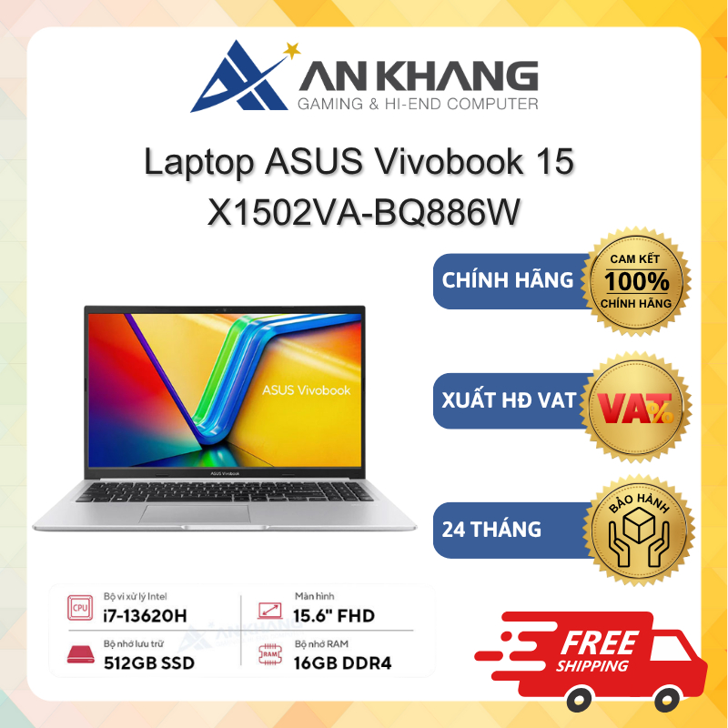 Laptop ASUS Vivobook 15 X1502VA-BQ886W (i7-13620H, 16GD4, 512GB-SSD, 15.6"FHD, Win11, Bạc) Chính hãn