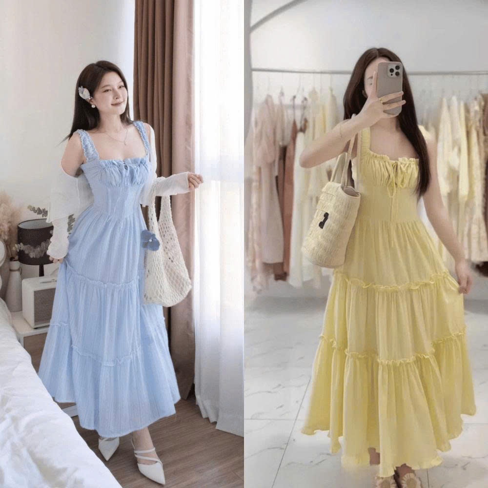 Váy Kẻ Maxi Rúm Ngực Chun Dây Viền Bèo 2 Màu 2001 Clothing