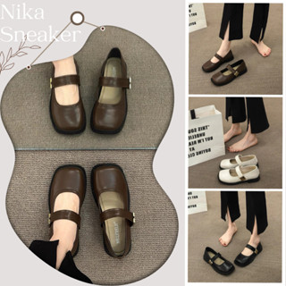 Giày Búp Bê Nữ Da Mềm Mũi Vuông Đế Bệt Tag Miu Màu Đen Kem Nâu || Mã N11