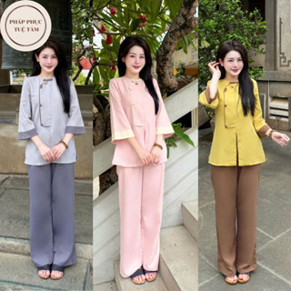 Pháp Phục đi chùa cho nữ chất liệu đũi Đài Loan, Đồ lam cách tân cổ tròn tay lỡ cúc bọc phối màu tao nhã, thanh lịch