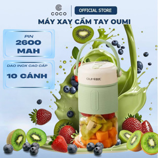 Máy xay sinh tố cầm tay OUMI màn LED hiển thị pin, cối thủy tinh CAO CẤP, lưỡi dao 18 cánh, pin 2600mAh, Kèm nắp uống