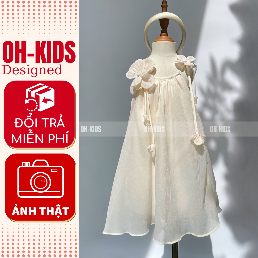 Đầm Trắng Kem Bé Gái Dáng Suông Hoa Vai Cột Dây Voan Mềm, Mặc Dự Tiệc – OH-KIDS OH06