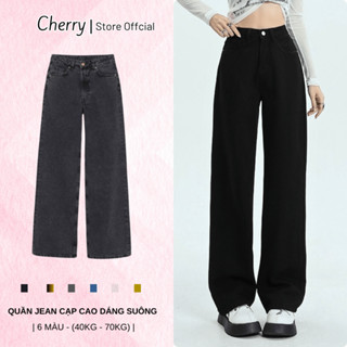 Quần jean nữ ống rộng CHERRY cạp cao dáng xuông quần bò nữ ống đứng lưng cao denim không dãn  T008-6