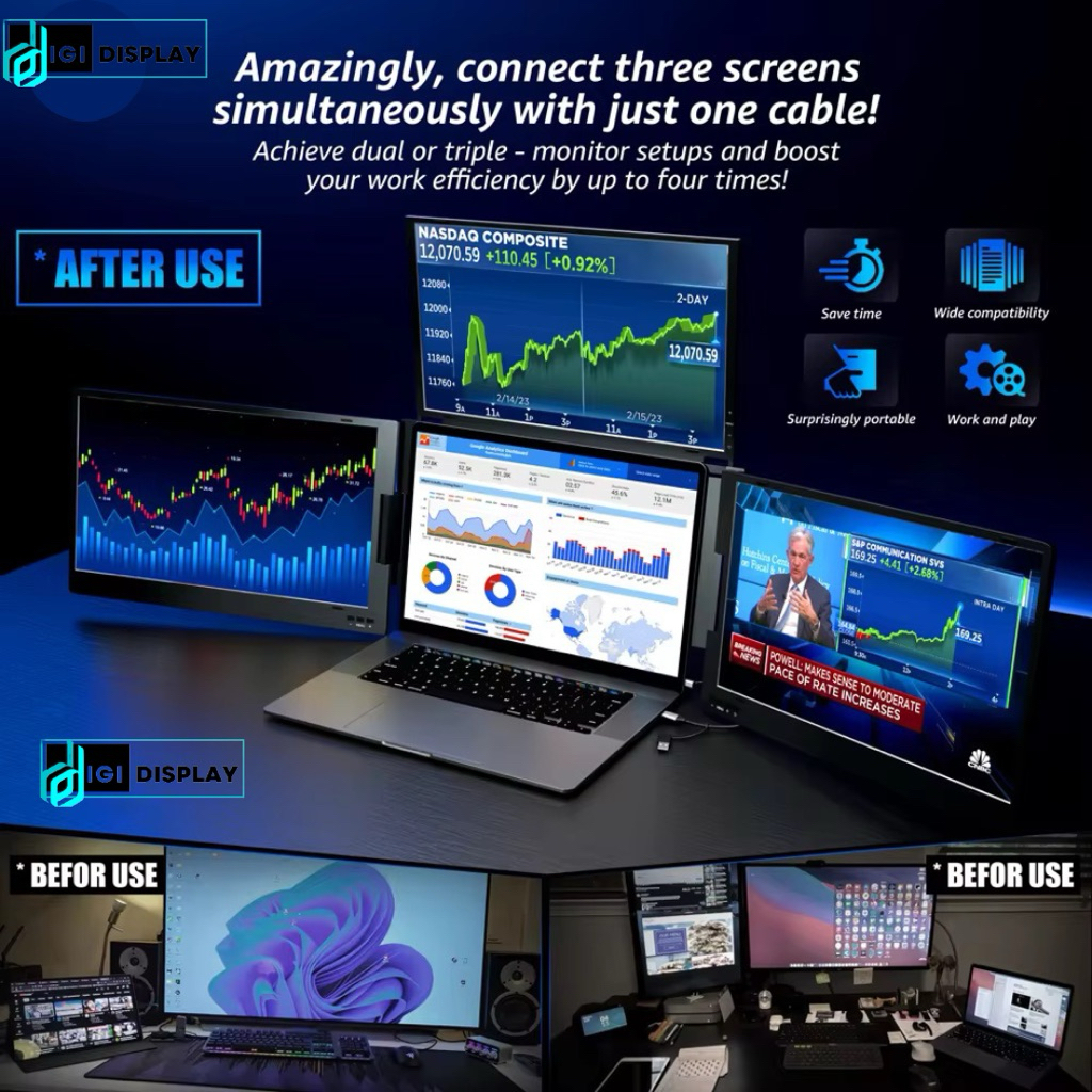 Bộ Ba Màn Hình 14" 16:9 100%sRGB  x 3 - Three Foldable Sreen Cho máy tính Laptop Mac/Windows | BigBuy360 - bigbuy360.vn