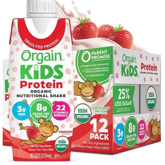 [Date 10/2026] Thùng 12 Hộp Sữa Protein hữu cơ Orgain Kids Protein Vị Dâu 244ml x 12