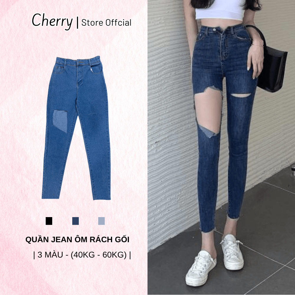 Quần bò rách gối nữ CHERRY chất co giãn, quần jean rách cạp cao dáng ôm vải đẹp cao cấp T020