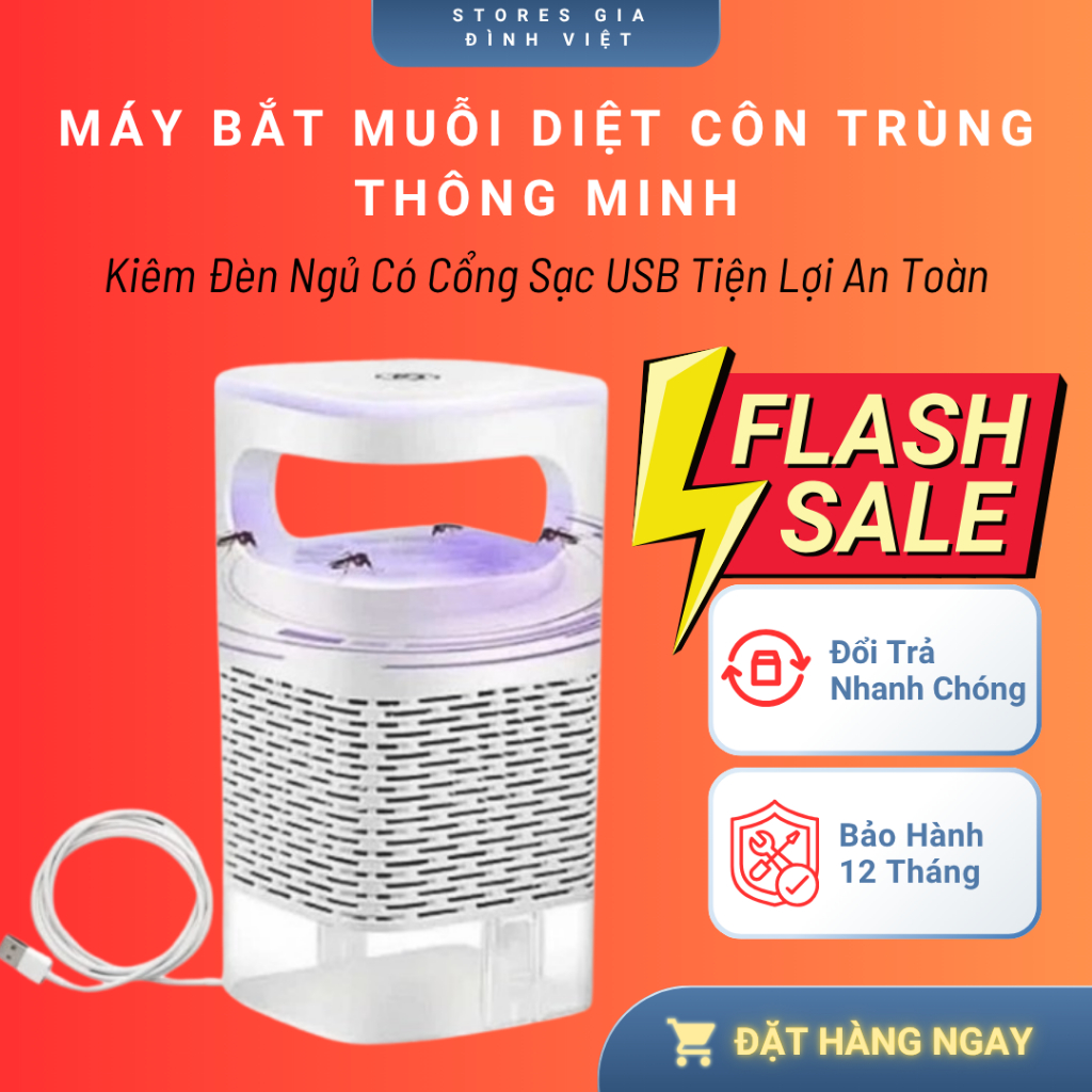 Đèn Bắt Muỗi Thông Minh - Máy Bắt Muỗi Diệt Côn Trùng UV, Hiệu Quả, Tích Hợp Đèn Ngủ ,Cổng USB BH 12T
