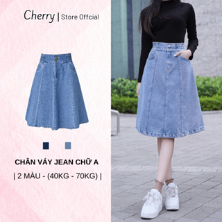 Chân váy jean chữ A cao cấp 2 cúc có túi trước cạp có chun, váy bò nữ siêu xinh CHERRY T057